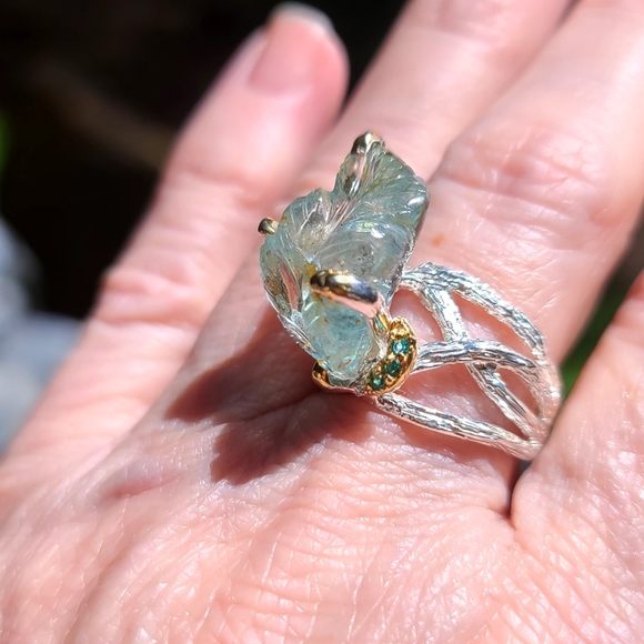 Aquamarine leaf carved gemstone & Topaz Sterling ring sz7.5 - Picture 6 of 10